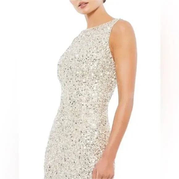 Mac Duggal Sleeveless Sequined Midi Sheath Dress Silver/Nude Size 14 NWT